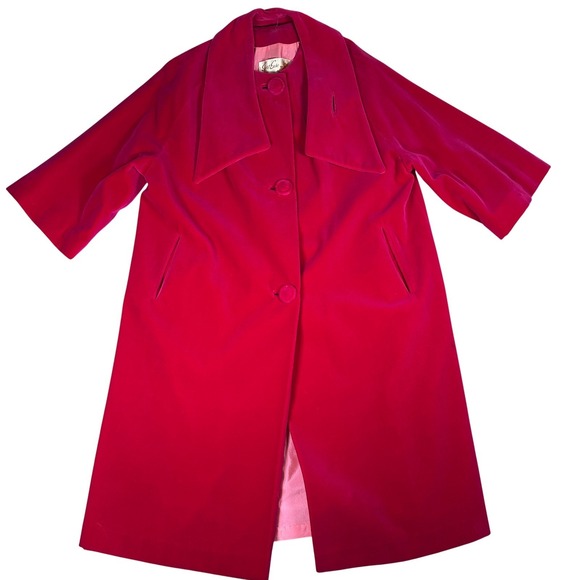 Vintage 60s retro Sport Ease Fashions Hot Pink Velvet Bow Neck swing coat 50s - Picture 3 of 13